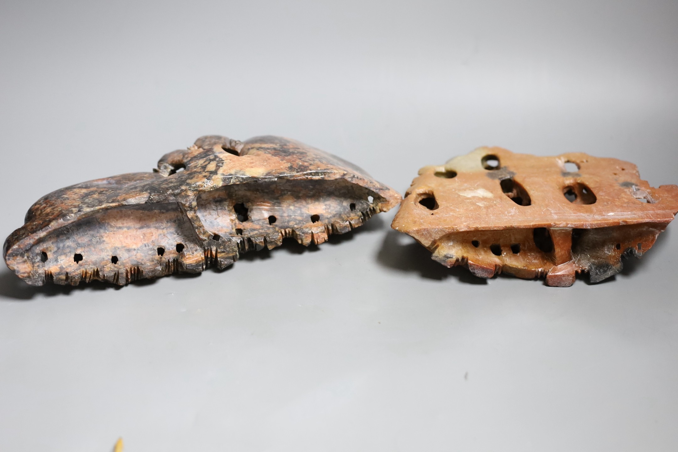 Two Chinese soapstone carvings, widest 29 cms